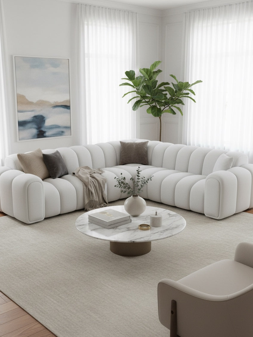 
Canapé d’angle design 5 places en cuir véritable « Casamira » - Cuir véritable Beige