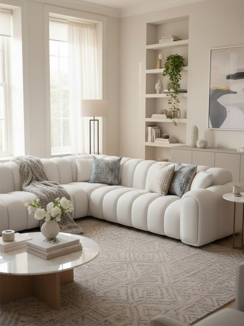 
Canapé d’angle design 5 places en cuir véritable « Casamira » - Cuir véritable Beige