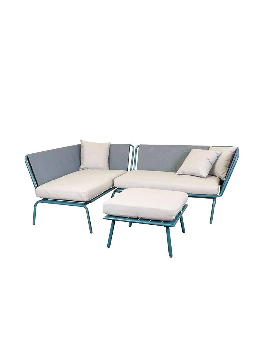 Bloomingloft Maudi Gartenlounge aus hellblauem pulverbeschichtetem Aluminium mit hellgrauen Kissen, modular und wetterbeständig.