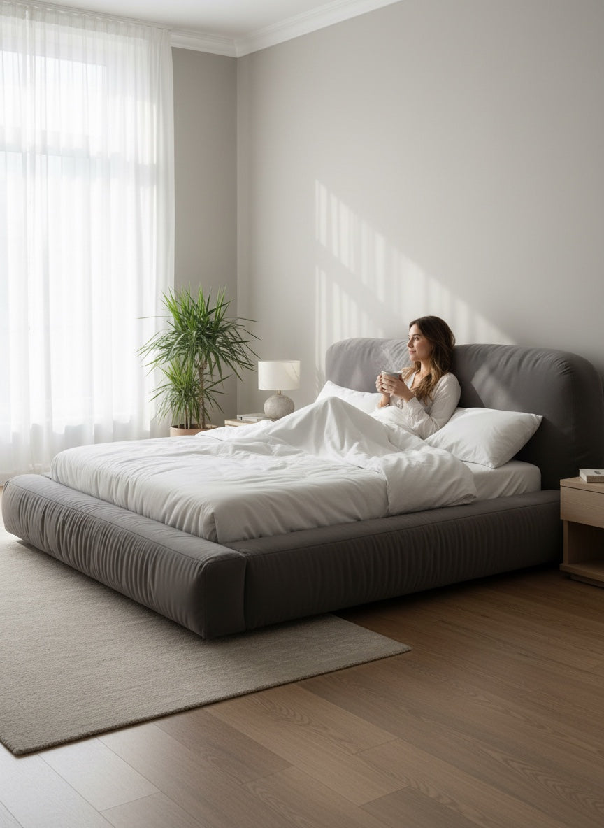 Bloomingloft Martina upholstered bed in grey velvet with a plush headboard and integrated storage. Modern design.