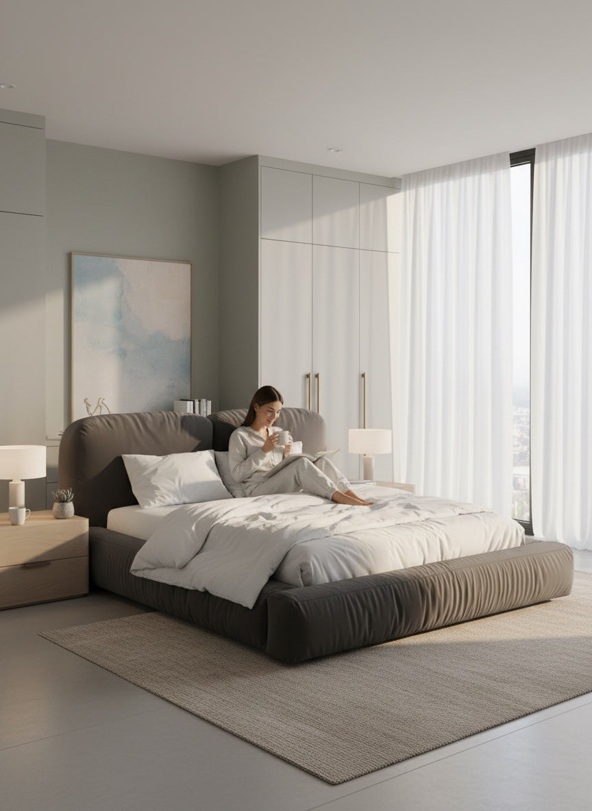 Bloomingloft Martina upholstered bed in grey velvet with a plush headboard and integrated storage. Modern design.