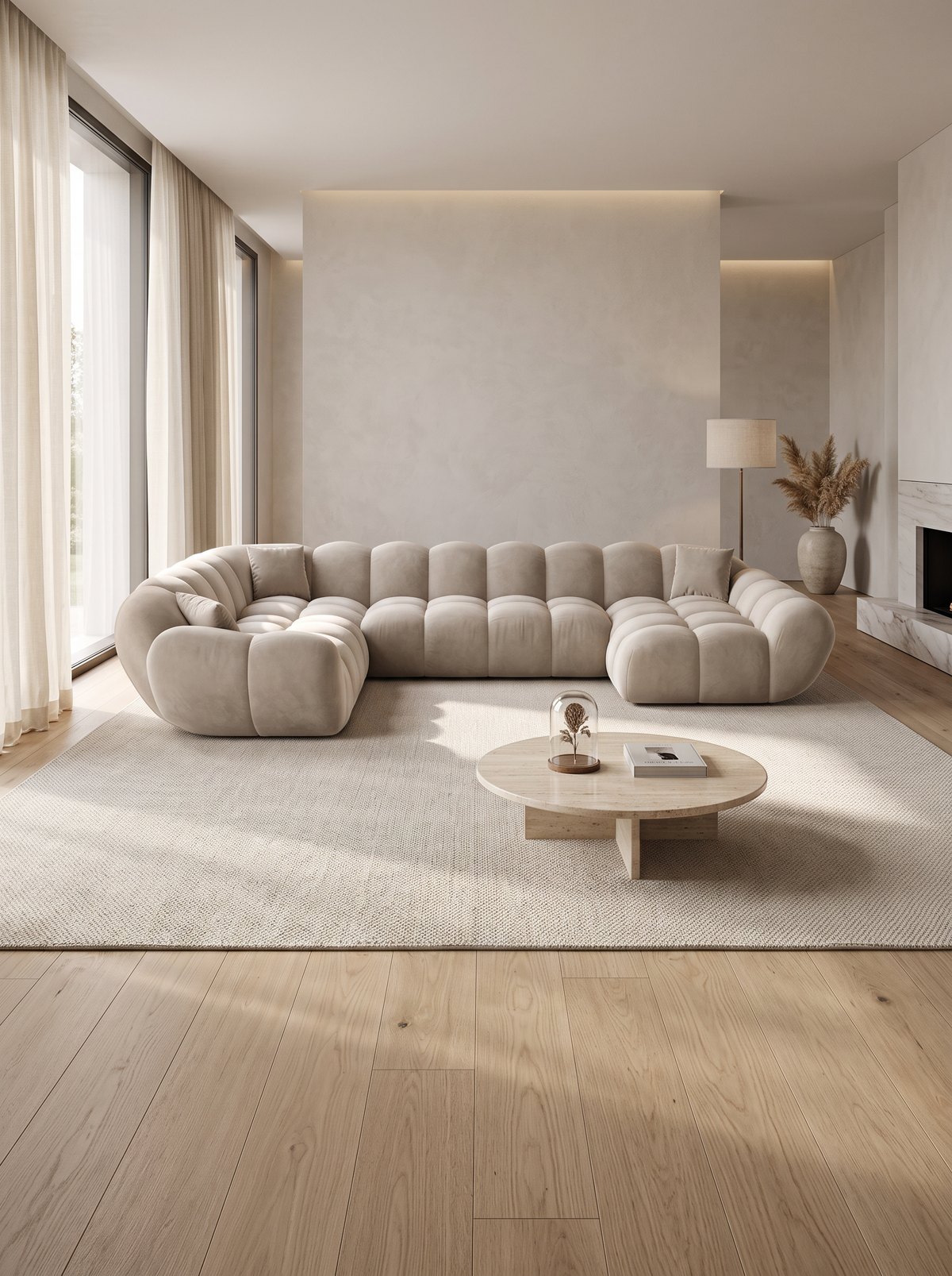 
Divano panoramico di design a 7 posti «Levante XXL» con rivestimento in velluto - Rivestimento in velluto Beige scuro / Lato lungo a sinistra