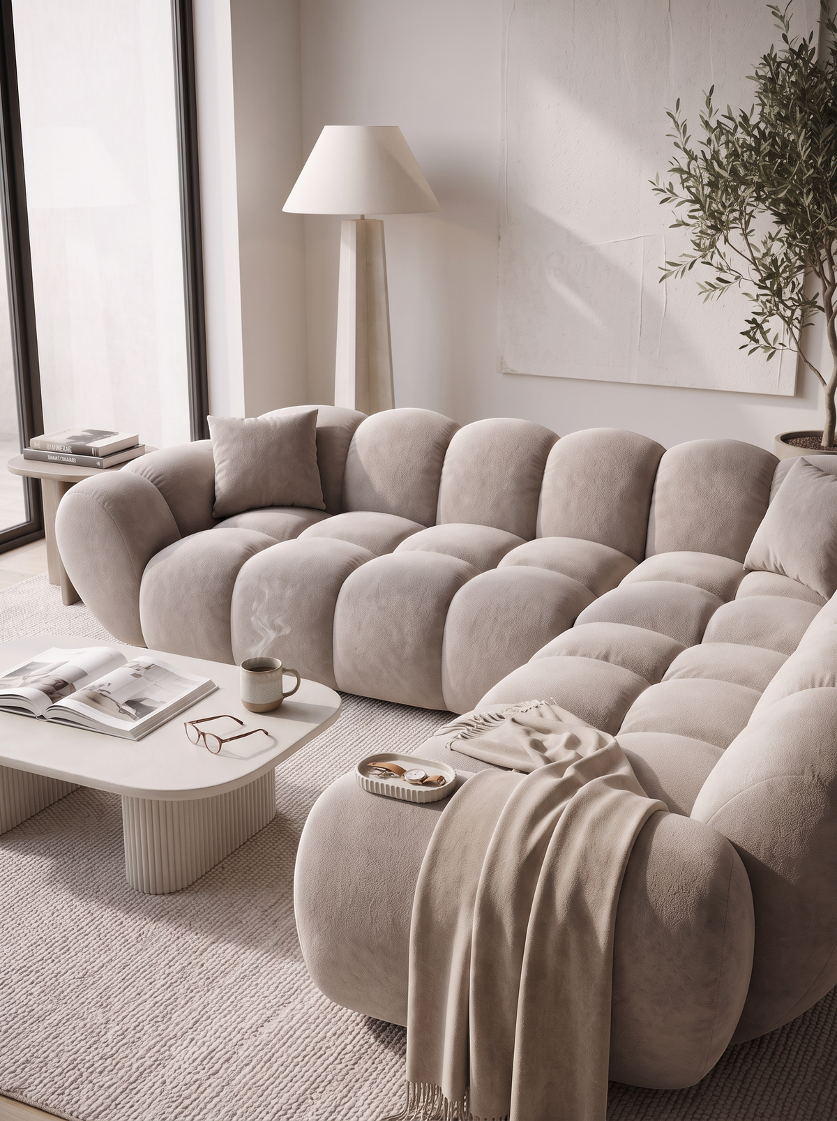 
Divano angolare di design a 5 posti «Levante» con rivestimento in velluto - Rivestimento in velluto Beige scuro
