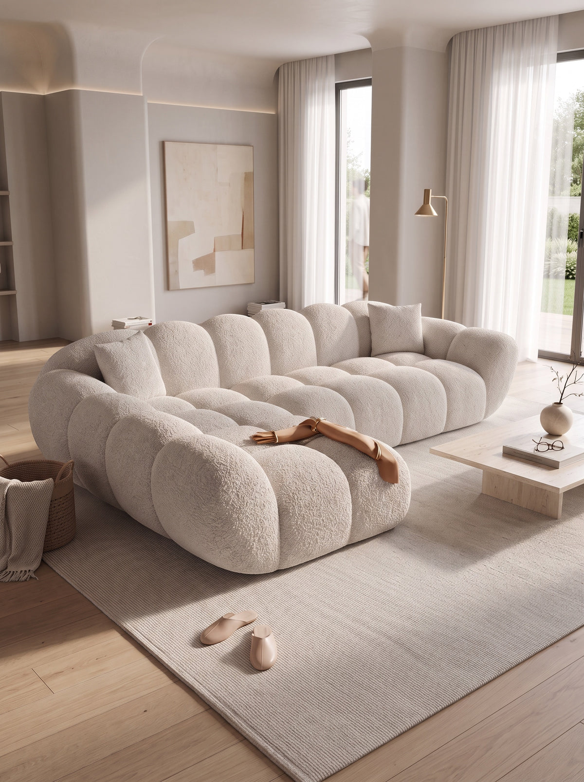 
4-seat designer corner sofa “Levante” with bouclé upholstery - Bouclé Toffee / Left corner section