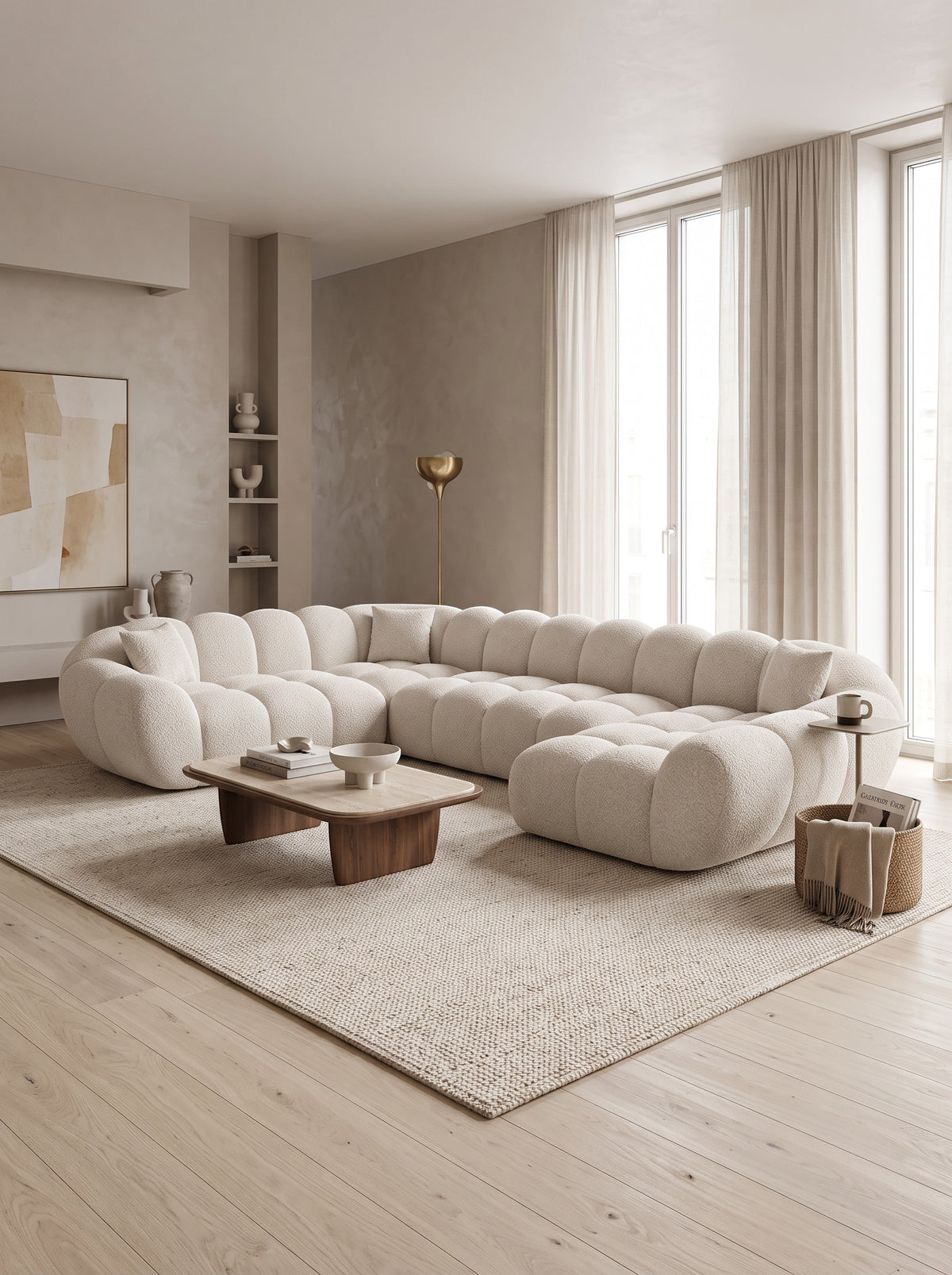 
Divano panoramico di design a 7 posti «Levante XXL» con rivestimento in bouclé - Bouclé Toffee / Lato lungo a sinistra