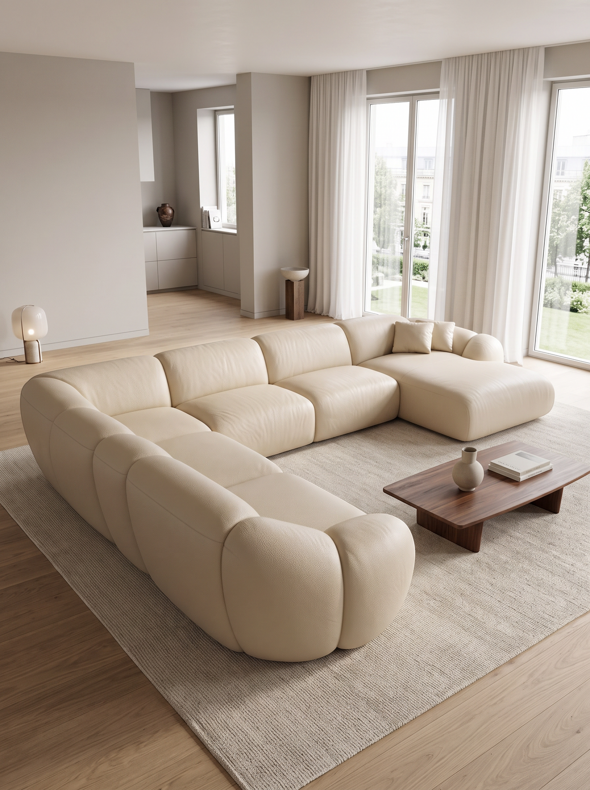 
7-Sitzer Design Echtleder Panorama-Sofa „Arden XXL“ - Echtleder Beige / Lange Seite links