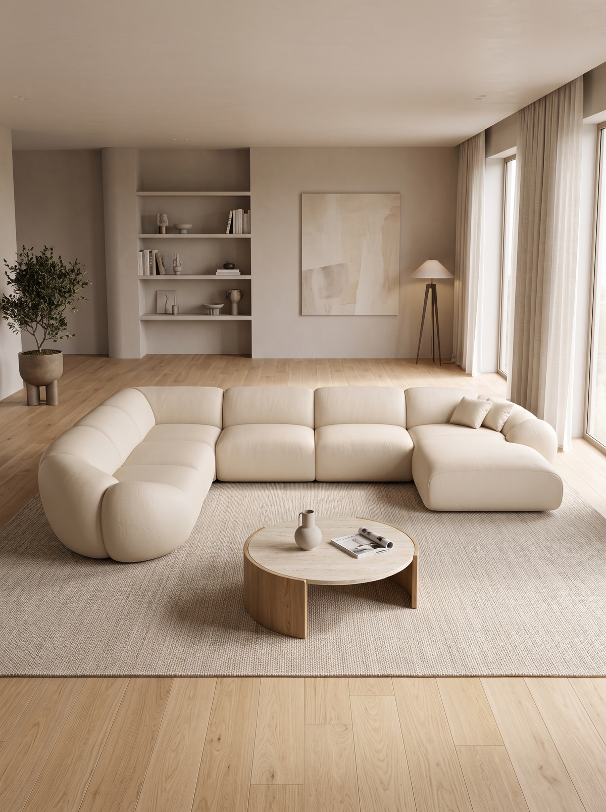 
7-Sitzer Design Echtleder Panorama-Sofa „Arden XXL“ - Echtleder Beige / Lange Seite links