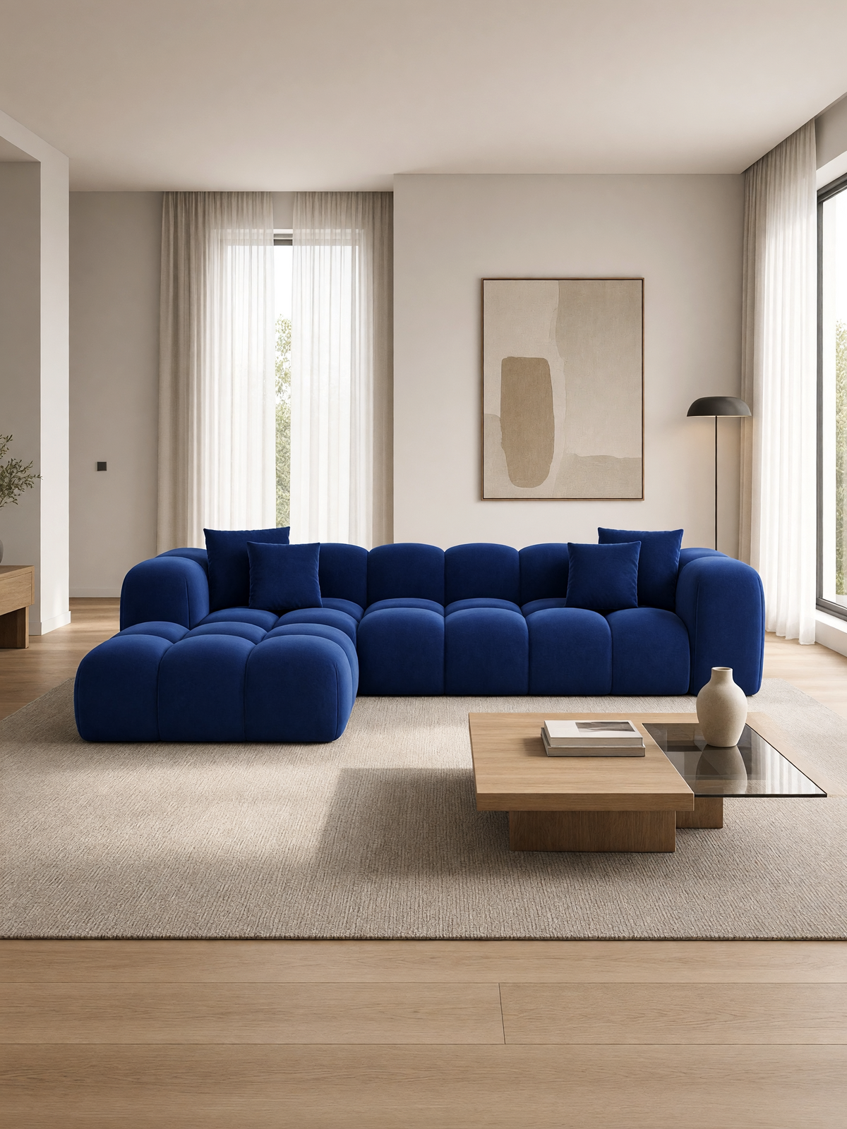 
Divano angolare di design a 4 posti “Alba” con rivestimento in velluto - Rivestimento in raso blu reale / Elemento angolare sinistro