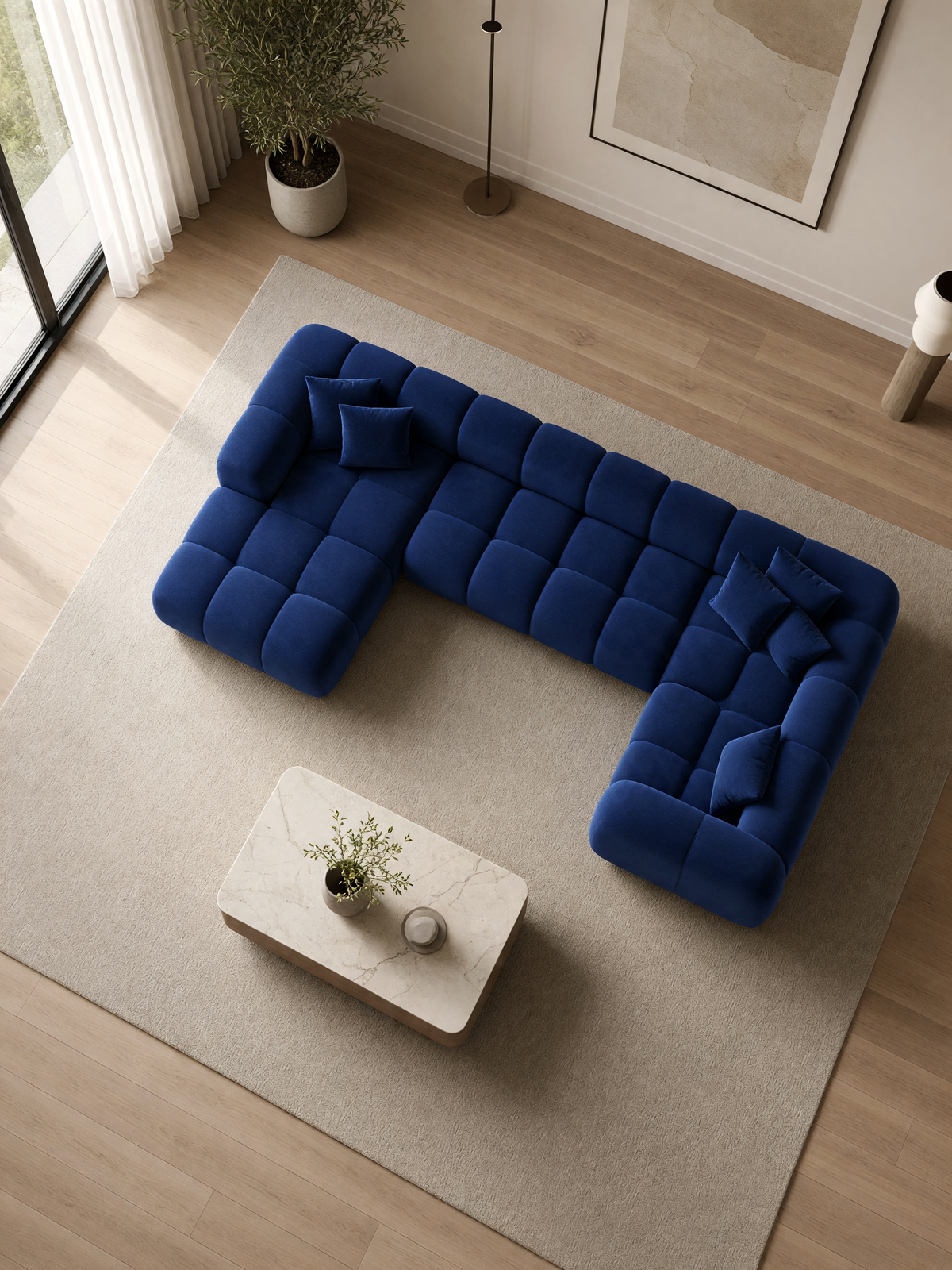 
Divano panoramico di design a 6 posti “Alba Lounge XL” con rivestimento in velluto - Rivestimento in raso blu reale / lato lungo destro