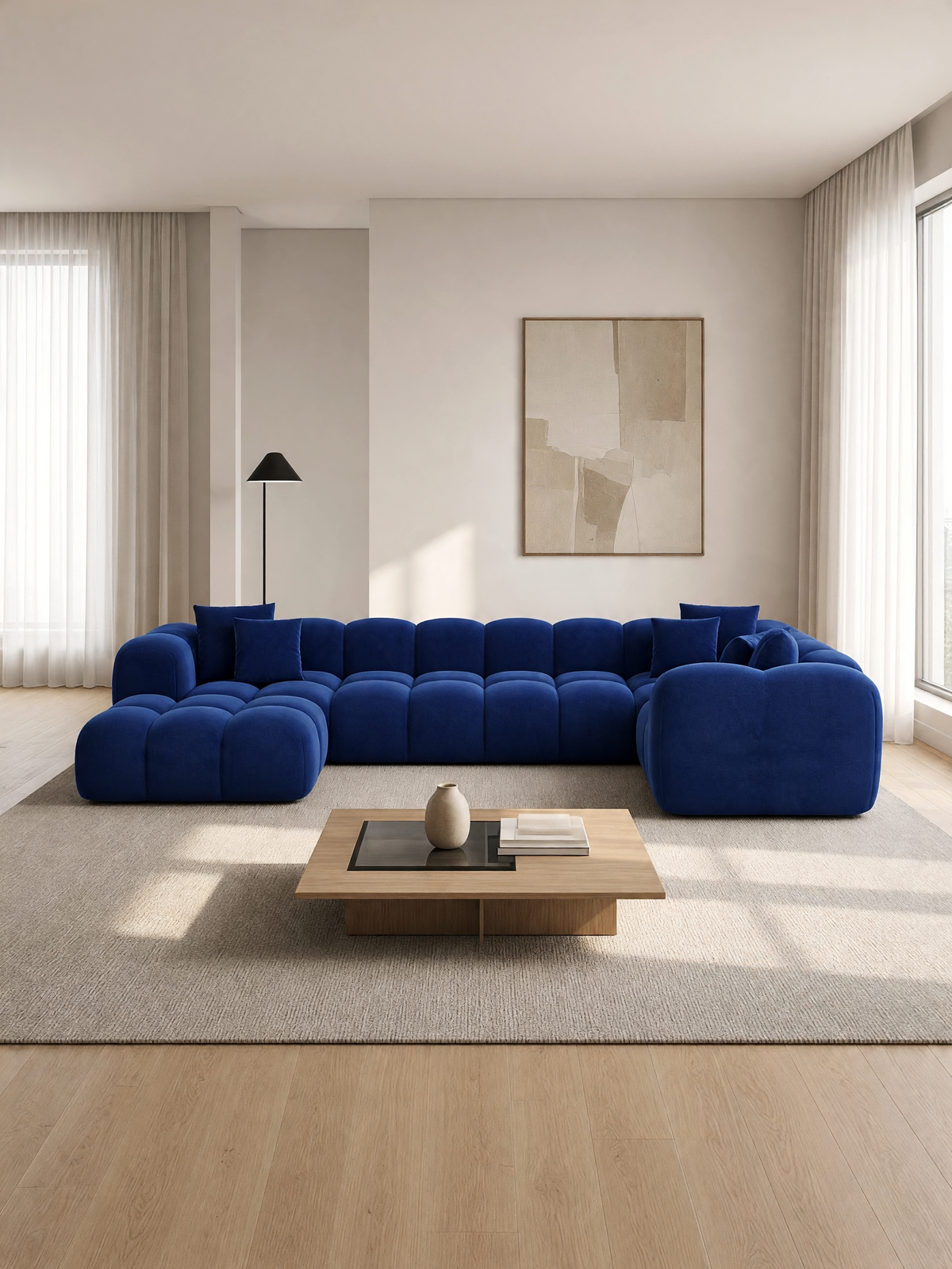 
6-seater designer panoramic sofa "Alba Lounge XL" with velvet upholstery - Velvet cover Royal Blue / long side right