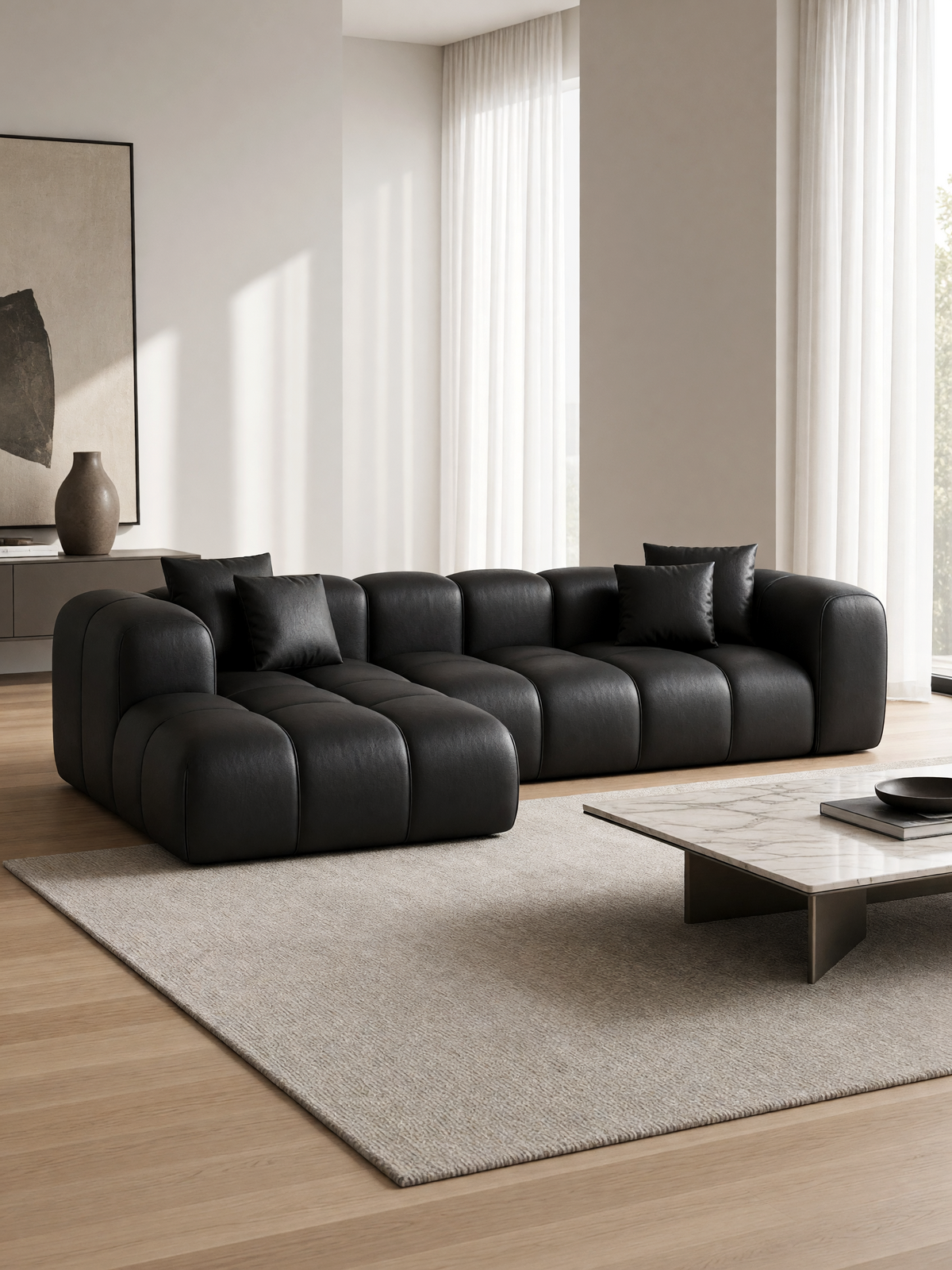 
4-Sitzer Design Echtleder Ecksofa „Alba“ - Echtleder Schwarz / Eckteil links