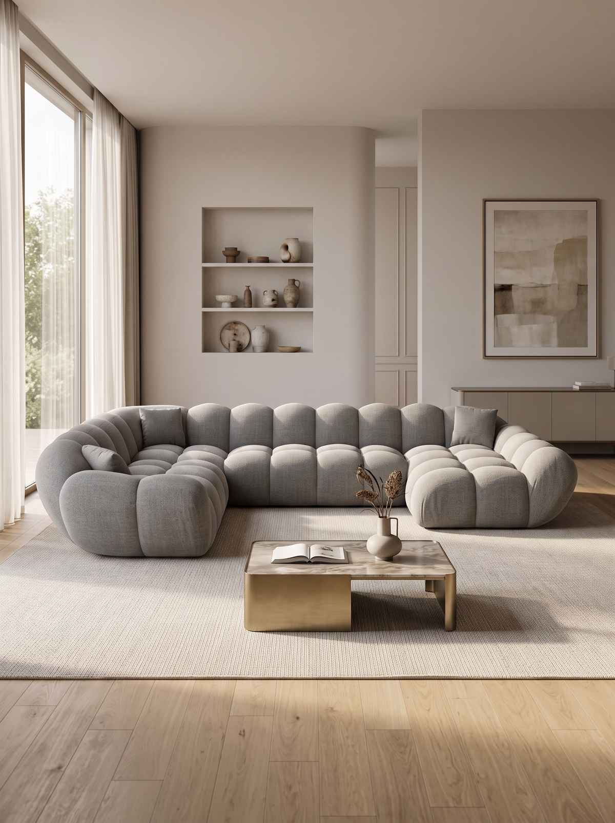 
Divano panoramico di design a 7 posti «Levante XXL» con rivestimento in tessuto strutturato - Tessuto strutturato Grigio / Lato lungo a sinistra