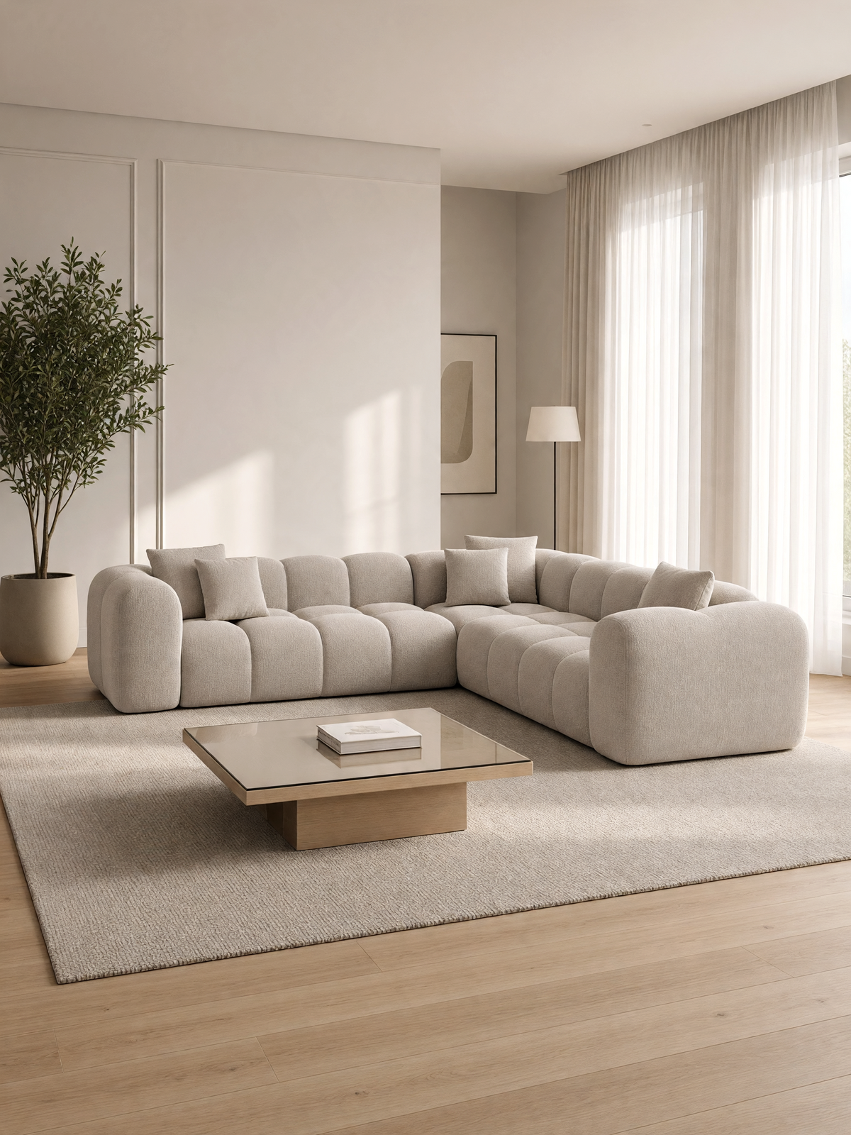 
Canapé d’angle design 5 places « Alba » avec revêtement en tissu structuré - Tissu texturé Beige