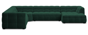 Large panoramic corner sofa "Vesta" with velvet cover emerald green