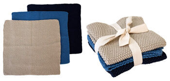 Set of 3 Knitted Recycled Cotton Kitchen Cleaning Cloths - Blue/Beige/Black