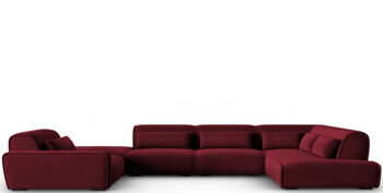 Large 7-seater design panorama sofa "Lina", velvet cover burgundy