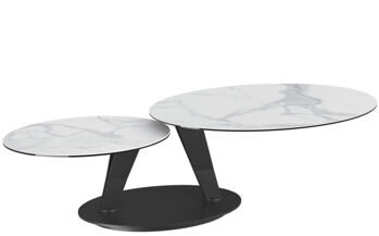 Ausziehbarer, flexibler Design Keramik Couchtisch „Ovalia Double“ Marmoroptik hell, 95-150 x 60 cm