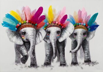 Hand painted 3D art print "Elephants with Feathers" 70 x 100 cm