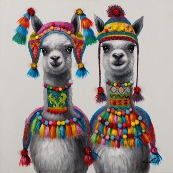 Hand painted 3D art print "Inca llamas" 80 x 80 cm